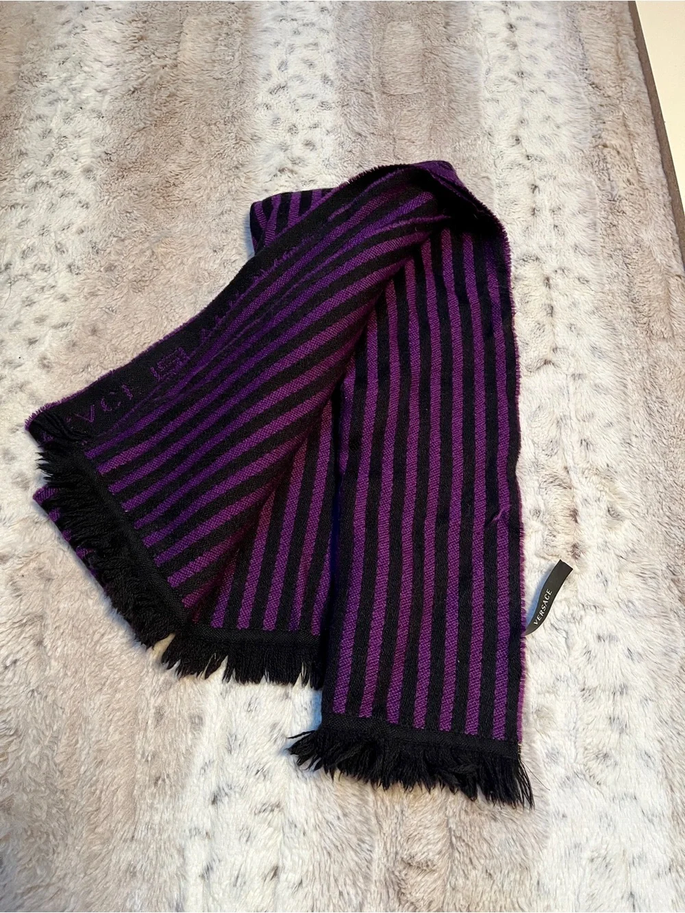 Vintage Versace Black and Purple Striped Fringe Scarf